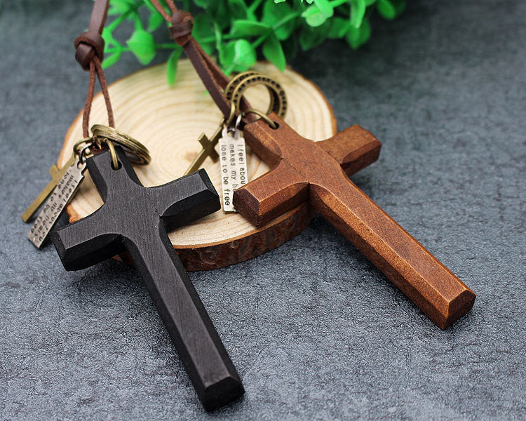 Natural Wood Cross Leather Necklace