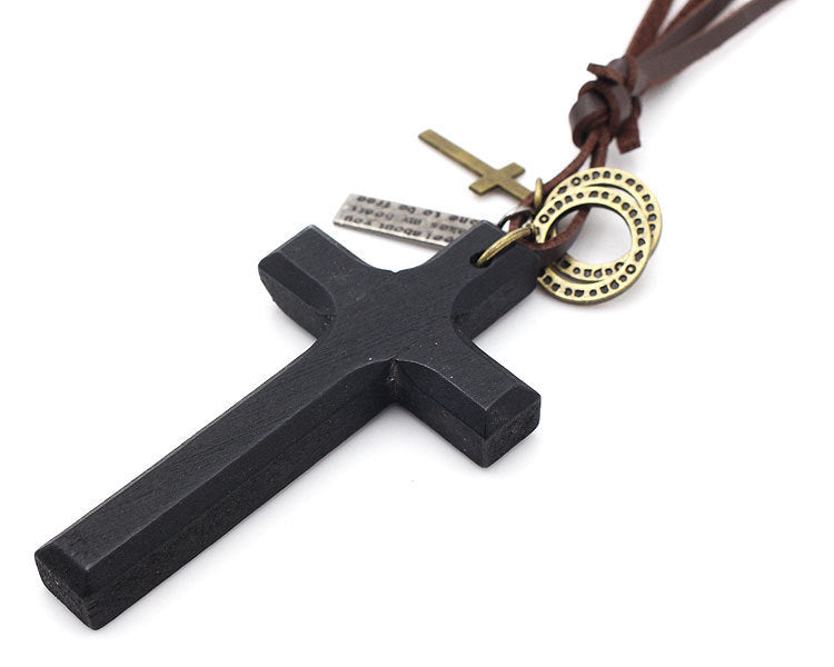 Natural Wood Cross Leather Necklace
