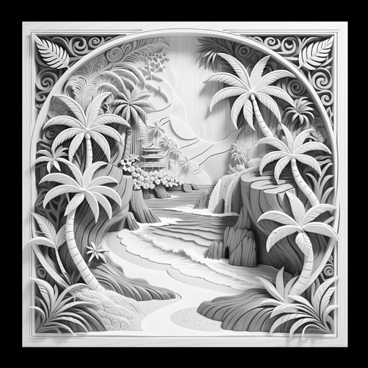 Tropical Rocky Paradise Scene Engraved Tile
