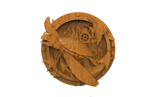 A tan brown wooden turtle sculpture in a circle design of a boat porthole. The inner porthole ring has a small helm, seaweed, starfish, a clownfish, and coral carved in it. Their is a glossy finish applied to the wood after carving.. 