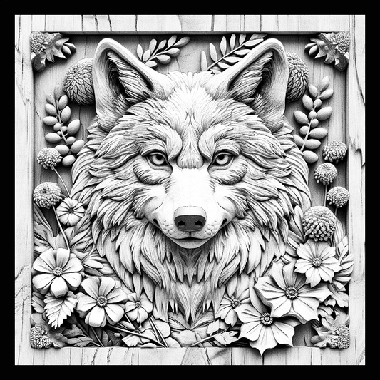 Wolf in Wild Flowers Engraved Tile